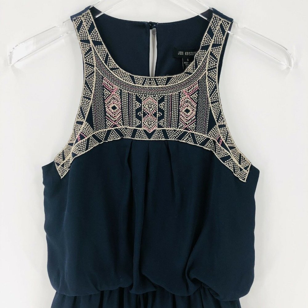 Jodi Kristopher Dress Small Navy Blue Tribal Embroidery Sleeveless Mini Boho - Picture 2 of 11
